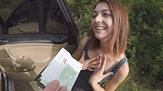 Slender teen with small tits earns fast money by sucking agent's cock in the car