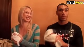 Blonde girl has sex with a black guy in a cafe bathroom