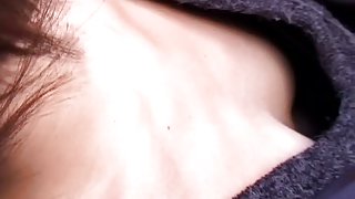 Asian chick with short dyed hair and tiny breasts in a downblouse vid