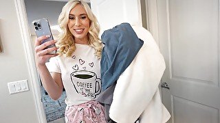 Blonde roommate Kay Lovely gives a blowjob and gets fucked hard