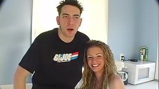 Spraying man juice on her tits after he fucks her good