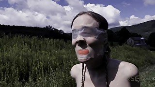 Ball gagged, tied up and tortured outdoors blonde whore Sierra Cirque