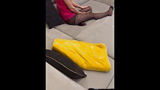 Blowjob and cum on pantyhose on the sofa