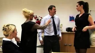 Brit girls and mif strip CFNM guy in office