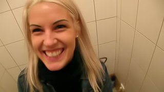 Luscious blonde babe with a pussy piercing getting hammered hardcore in the toilet