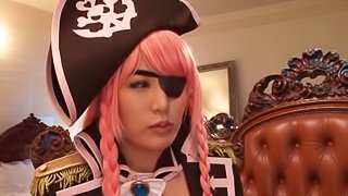 An Asian girl dressed as a pirate drains a guy's cock dry