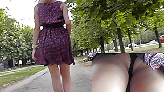 Real upskirts of the pretty blonde in a-line skirt