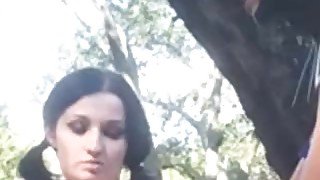 Luscious lesbo Raven toyed outdoors by babe in latex