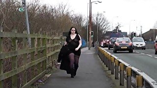 Chubby amateur flashing and bbw public masturbation of fat exhibitionist Emma outdoors showing pussy and tits to voyeur watchers