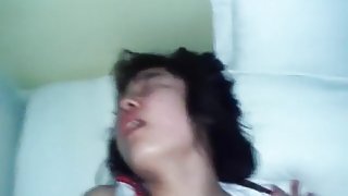 Asian student gets her hairy pussy pov missionary fucked, face slapped and moans.