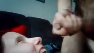 Slut with eyes closed takes load
