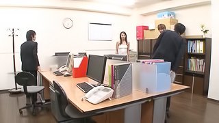 New Asian office girl has to jerk and suck all the guys