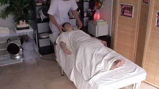 Japanese slut fucked hard by Manuki on the massage table
