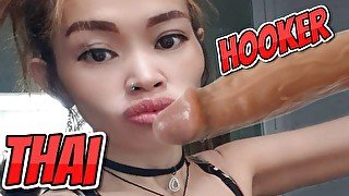 Asian Milf hooker sucking huge fake cocks POV