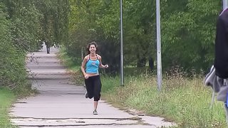 A girl out for a jog ends up going for a ride on a guy's thick cock