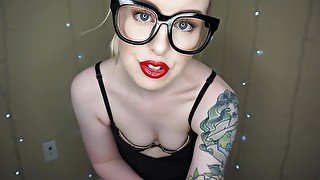 Office JOI: hot young tattooed babe in eyeglasses on webcam