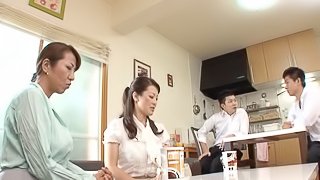 Bubbly Asian cougars with big tits get spooked hardcore in an epic foursome