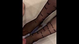 Nylon footjob and glasses blowjob with cum on feet pantyhose