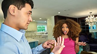 Curly-haired ebony with small cans gets screwed on the couch