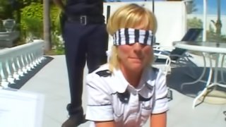 Nerdy blond slut gets face-fucked by a cop outdoors