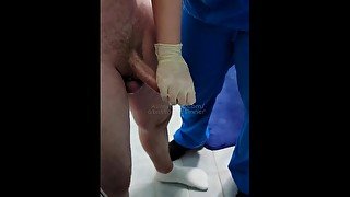 Nurse relieves patient with handjob in the bathroom after therapy