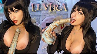 Elvira cosplay JOI jerk off instructions while teasing and playing with her huge bad dragon toy
