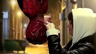 Affectionate babe giving spider man superb blowjob in parody shoot outdoor