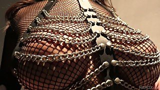 Lewd Asian bitch in body fishnets Sharon Lee gives a blowjob and gets her anus slammed