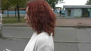 Red-haired doxy engulfing in the car for all to watch