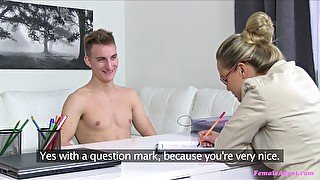 Blonde female agent loves to test sex skill of her candidates