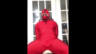 Harness gag and self bondage handcuff on red spandex bodysuit (Thank you 300 subs!)