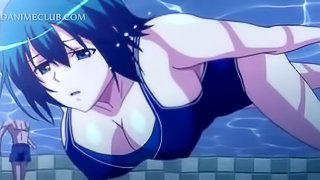 Three horny studs fucking a cute anime under water