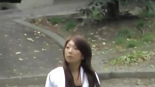 Asian babe has her skirt stolen by a skirt sharker.