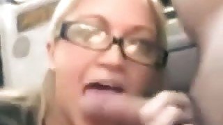 Charming blonde in glasses sucks my hard dick and receives facial