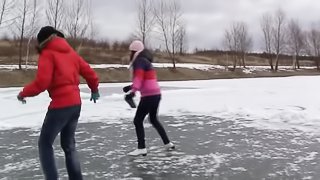 Girls warm up after playing in the snow by eating pussy