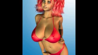 3d redhead with big tits in a red bikini