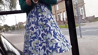 green open fronted dress windy upskirt nylons