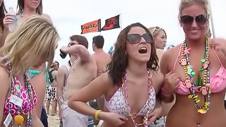 Bikini girls at the beach flash their tits while drinking
