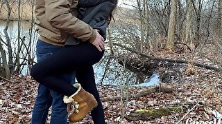Small tits teen creampie at park, risky public outdoor sex almost caught—4K