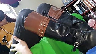 POV #2 Riding Leather Mistress stepping cock and bootjob to slave until cum!