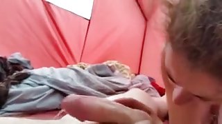 Mousy blonde milf fucked to a creampie finish in a tent