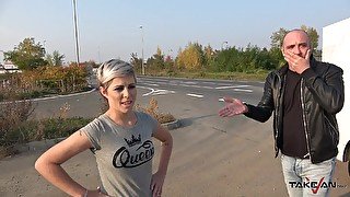 Short haired busty MILF Ruth flashes tits in public and gets fucked