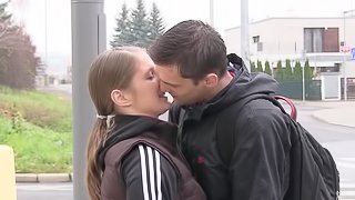 After some PDA during a walk an amateur couple goes home and fucks