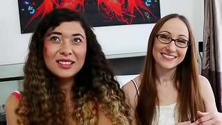 Nerdy girl in glasses gives oral sex to her lesbian girlfriend