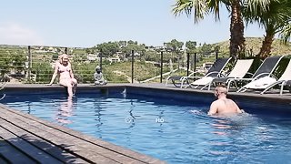Blonde teen slut fucking a rich dude by his pool outdoors