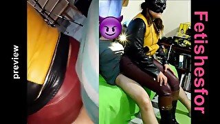 Full Leather Latina Mistress does assjob & handjob to slave while reading ignoring him