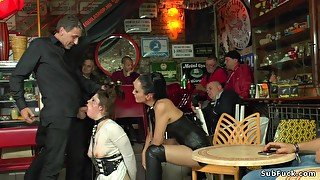 Mistress makes her slave double penetration fornicate in public