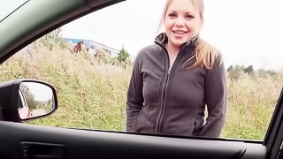 Gorgeous teen girl gets in his car and gives great head