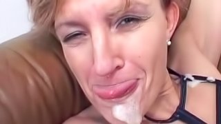 Stunning mom is swallowing sperm in the gangbang