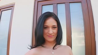 Beauty with black hair masturbates her hot cunt in close up